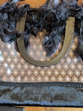 Black Feather Trim Mesh Tote Bag